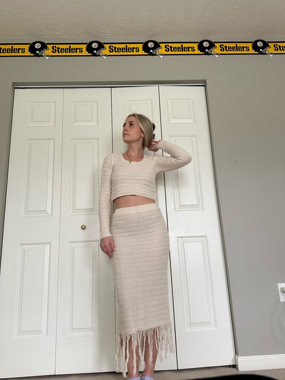 Cream Crochet Fringe Maxi Coverup Set - Long Sleeve Crop Top & Skirt